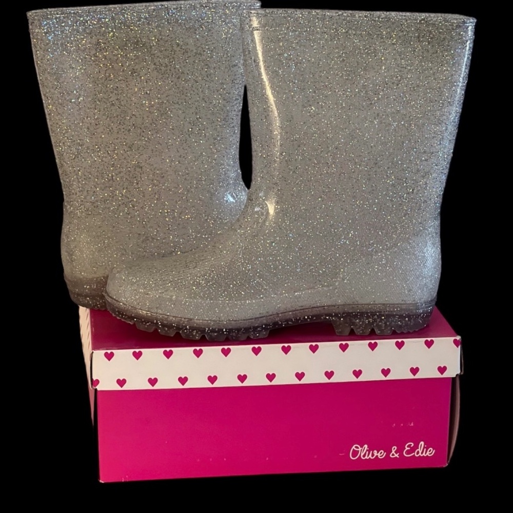 Olive and Edie Silver Sparkly Rain Boots- Big kids